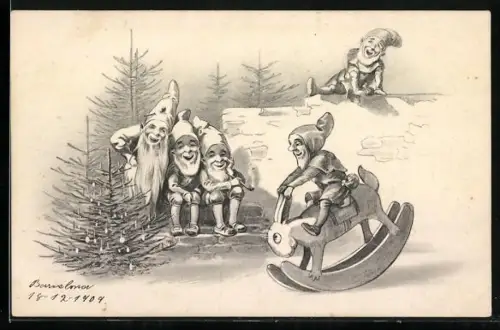 AK Zwerg schaukelt auf einem Spielzeughasen