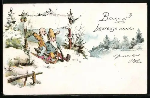 AK Zwerge fahren Schlitten im Winterwald, Neujahrsgruss