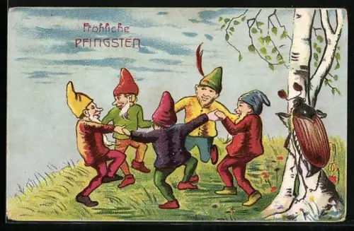 AK Maikäfer beobachtet tanzende Zwerge, Fröhliche Pfingsten