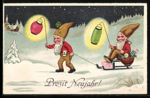 Künstler-AK Zwerge mit Laternen in Schneelandschaft