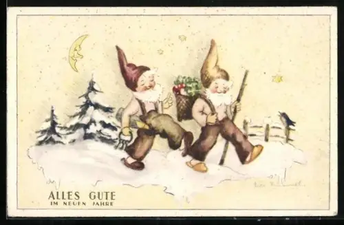 AK Zwerge wandern mit Sekt und Kleeblättern durch den Schnee, Neujahrsgrusse
