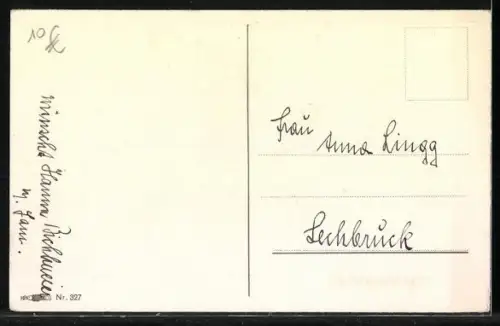 AK Zwerge wandern mit Sekt und Kleeblättern durch den Schnee, Neujahrsgrusse