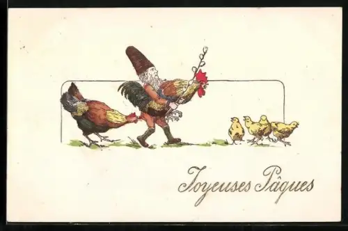 AK Zwerg trägt einen Hahn, Osterküken, Joyeuses Pâques