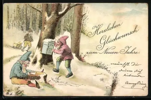 AK Zwerge schreiben Briefe und werfen Post ein, Neujahrsgruss