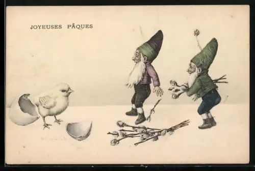 AK Zwerge erschrecken sich vor schlüpfendem Osterküken, Joyeuses Pâques