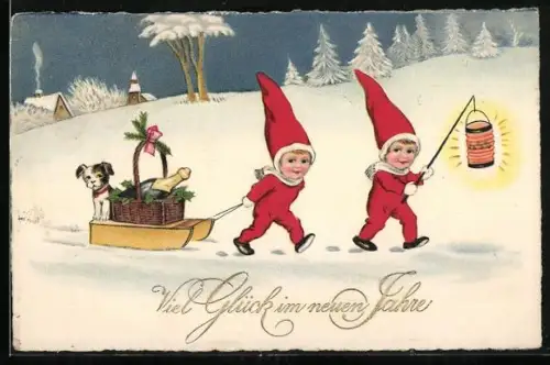 AK Zwerge mit Lampion, Hund und Schlitten, Neujahrsgruss