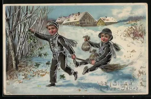 AK Schornsteinfeger zieht einen Anderen auf einem Besen durch den Schnee