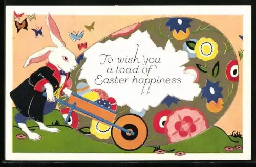 Präge-AK Osterhase schiebt bemalte Ostereier in einer Schubkarre