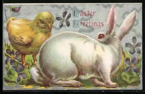 Präge-AK Osterhase und Osterküken im Grünen