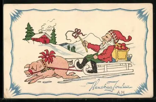 AK Glücksschwein zieht einen Zwerg auf einem Schlitten
