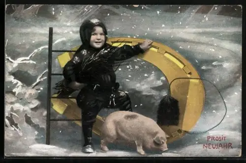 AK Kleiner Schornsteinfeger mit Hufeisen und Glücksschwein im Schneegestöber, Prosit Neujahr