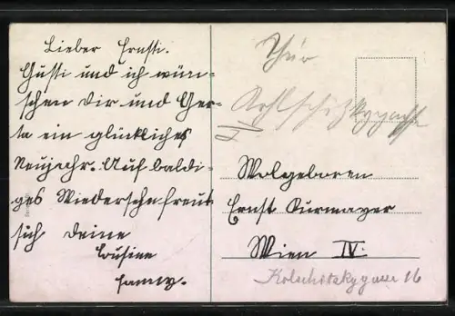 AK Kleiner Schornsteinfeger mit Hufeisen und Glücksschwein im Schneegestöber, Prosit Neujahr