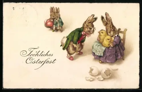 AK Ein glückliches Osterfest, Vermenschlichte Osterhasenfamilie mit Osterküken