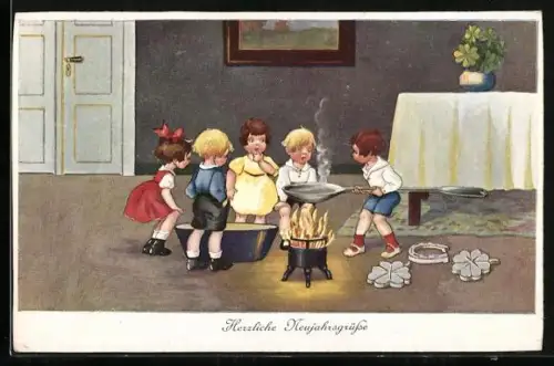 AK Herzliche Neujahrsgrüsse, Kinder beim Bleigiessen