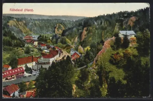 AK Rübeland /Harz, Ortsansicht mit Felsen und Häusern