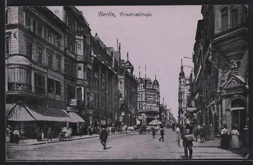 AK Berlin, Friedrichstrasse, Strassenszene mit Geschäften und Passanten
