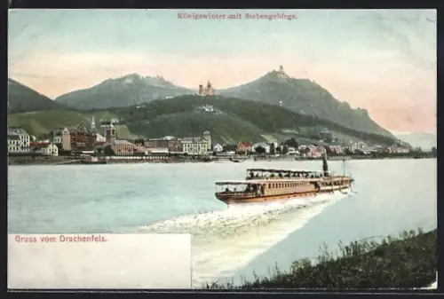 AK Königswinter, Drachenfels, Rhein mit Ausflugsschiff
