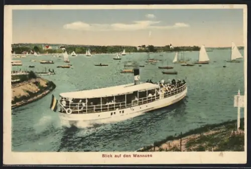 AK Berlin-Wannsee, Blick auf den Wannsee mit Ausflugsschiff und Segelbooten