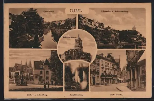 AK Cleve, Grosse Strasse, Kermisdahl, Prinzenhof u. Schwanenburg