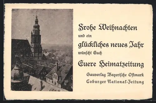 AK Coburg, Stadtansicht mit Kirchturm, Weihnachtsgruss Coburger National-Zeitung