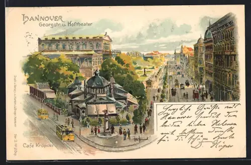 Lithographie Hannover, Georgstrasse, Hoftheater, Café Kröpcke