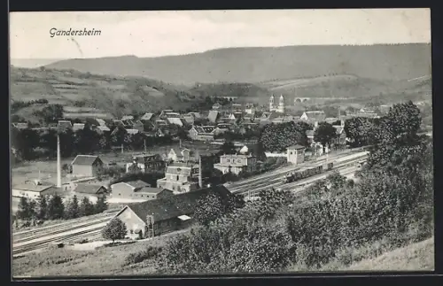 AK Gandersheim, Ortsansicht mit Bahnlinie und Kirche