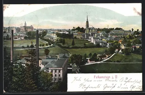AK Falkenstein i. V., Panorama mit Kirche und Fabrikgebäuden