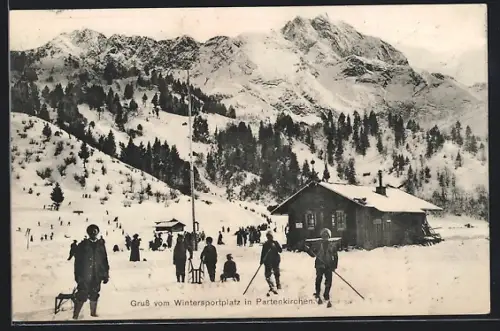AK Partenkirchen, Wintersportplatz, Skifahrer, Berghütte