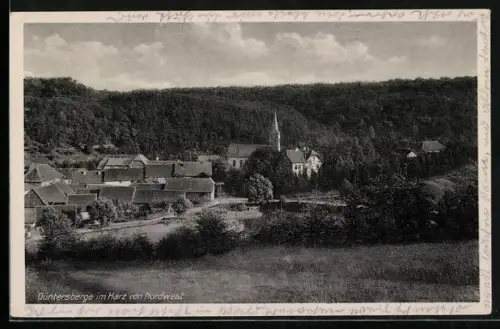 AK Güntersberge im Harz, Ortsansicht von Nordwesten mit Kirche und umliegenden Gebäuden