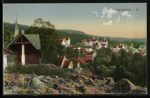 AK Schierke i. H., Ortsansicht mit Kirche und umliegenden Häusern