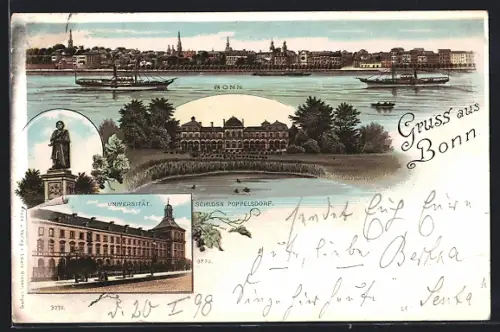 Lithographie Bonn, Rheinpanorama, Universität, Schloss Poppelsdorf