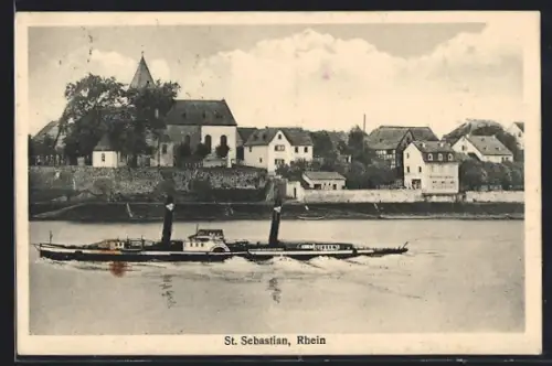 AK St. Sebastian, Rhein, Kirche, Ortsansicht, Schleppdampfer