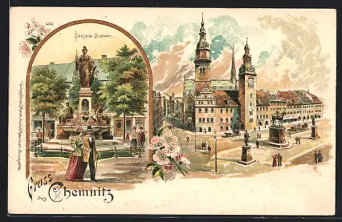 AK Chemnitz, Rathausturm, Markt, Saxonia-Brunnen