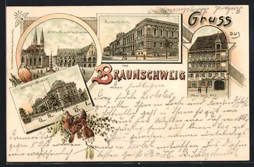 Lithographie Braunschweig, Altstadtmarkt, Polytechnikum, Herzog Museum, Haus Sack Nr. 5