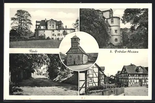 AK Riede b. Fritzlar, Kirche, Schloss, Fachwerkhäuser, Strassenansicht