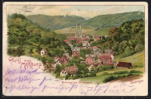 Künstler-AK Erwin Spindler: Marburg, Blick auf die Kelzerbach