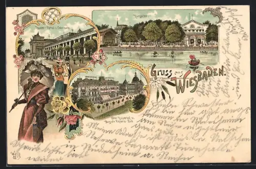Lithographie Wiesbaden, Hotel Raiserhof, Theater-Portal u. Colonnade, Kurgarten