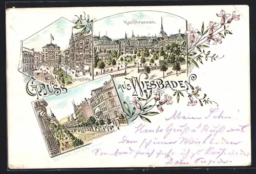 Vorläufer-Lithographie Wiesbaden, 1895, Kochbrunnen, Kranzplatz, Taunusstrasse