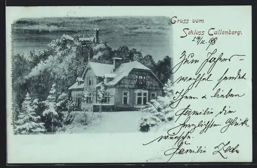 AK Coburg, Ortspartie mit Blick zum Schloss Callenberg im Winter