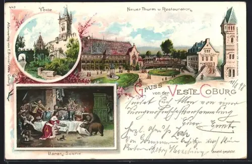 Lithographie Coburg, Veste, Neuer Thurm und Restaurant