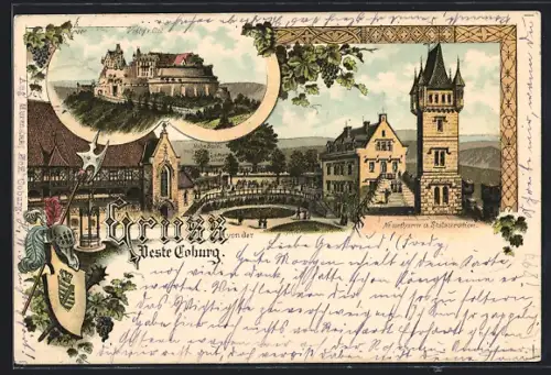 Lithographie Coburg, Neuer Turm, Restauration und Wappen der Veste Coburg