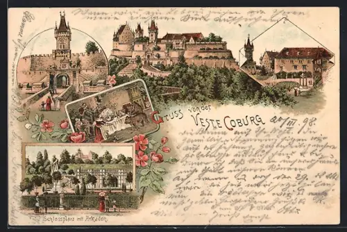 Lithographie Coburg, Veste Coburg mit Gesamtansicht, Hauptportal, Schlossplatz mit Arkaden