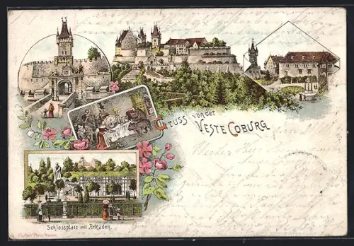 Vorläufer-Lithographie Coburg, 1895, Veste Coburg, Schlossplatz mit Arkaden