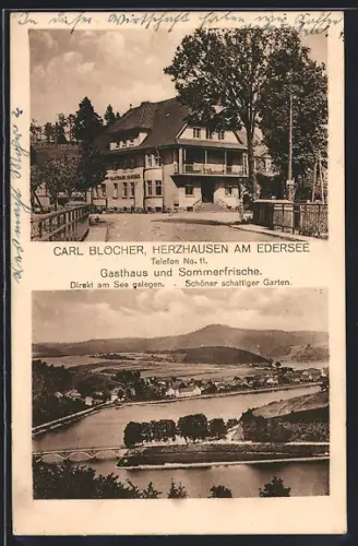 AK Herzhausen am Edersee, Gasthaus Carl Blocher, Blick auf den See