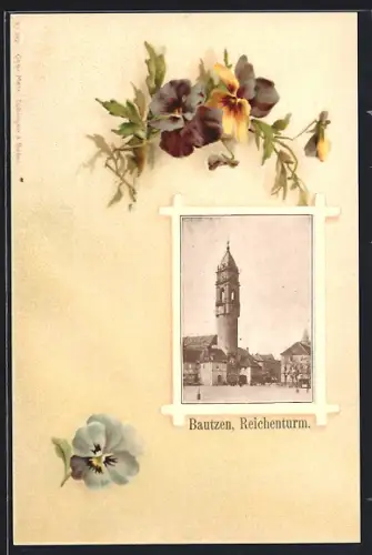 Passepartout-Lithographie Bautzen, Reichenturm, Violette und blaue Stiefmütterchen