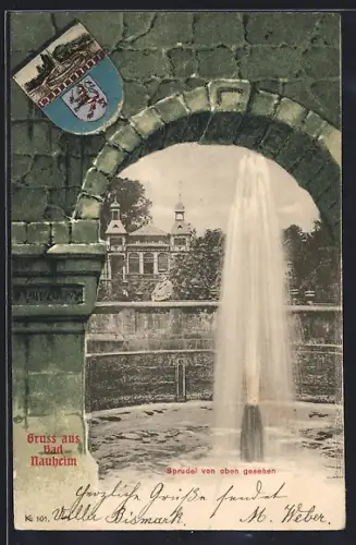 Passepartout-Lithographie Bad Nauheim, Sprudel von oben gesehen, Wappen