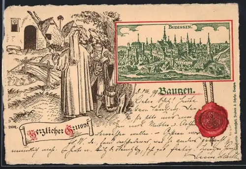 Lithographie Bautzen, Historische Stadtansicht Budissin, Passepartout mit Siegel