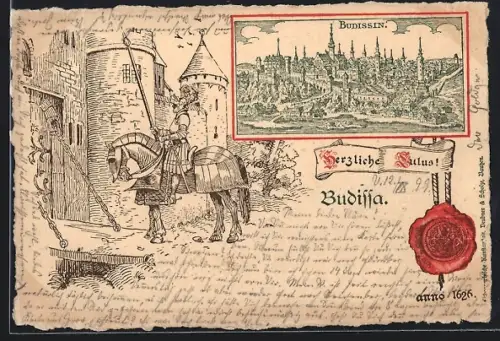 Lithographie Bautzen, Historische Stadtansicht, Ritter am Stadttor, anno 1626