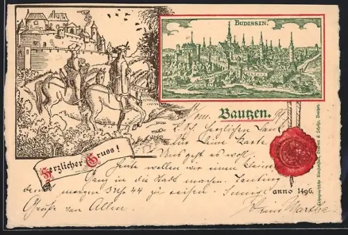 Lithographie Bautzen, Stadtansicht Budissin, Reiter vor Stadtmauer