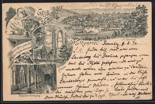 Lithographie Walkenried, Klosterruine, Doppelter Kreuzgang, Blick vom Röseberg